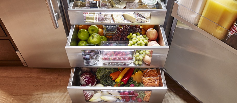 Stainless steel - open fridge drawers - produce