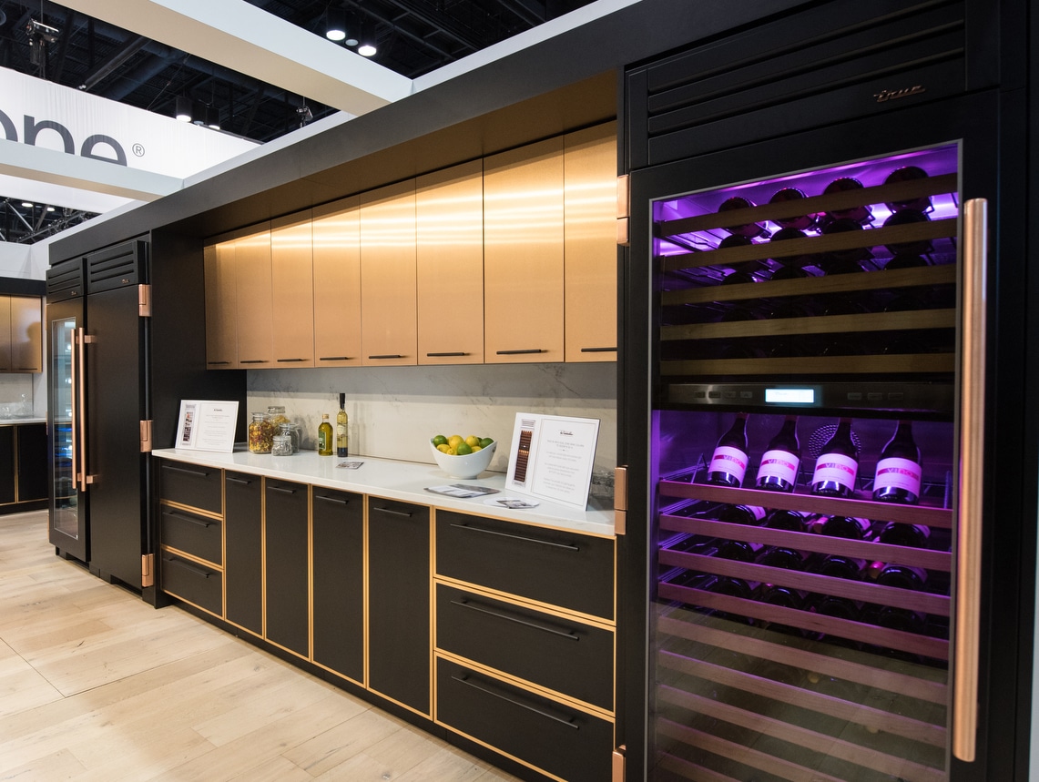 BlackandCopper - Refrigerator and Freezer Columns - Wine Column with Purple Lighting - Kitchen Show Display