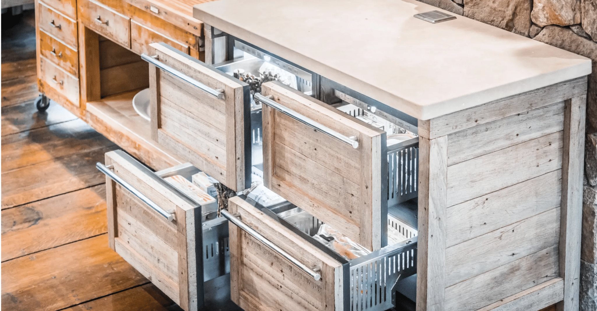 Deconstructed Kitchen - wood panel undercounter drawers