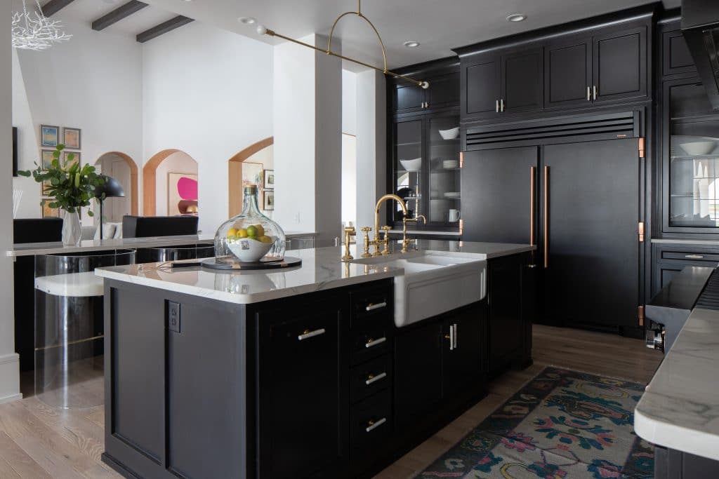 235 True 7305 - matte black and copper - Refrigerator and Freezer - Black Cabinets - Marble Countertop - Side Angle View