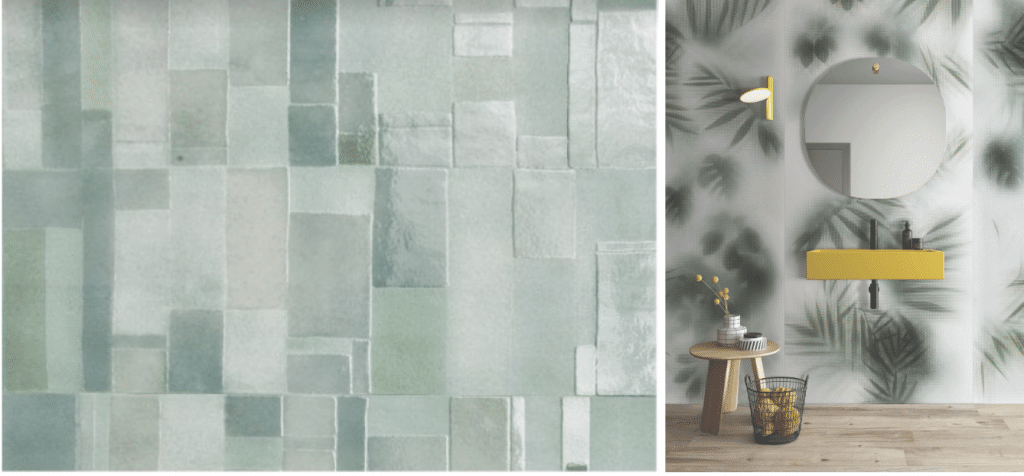 Green Wall Tiles - Leaf Wallpaper with Mirror and Plant