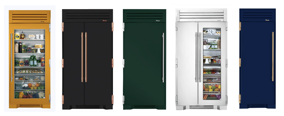 Various Refrigerator types in different colors lined up 