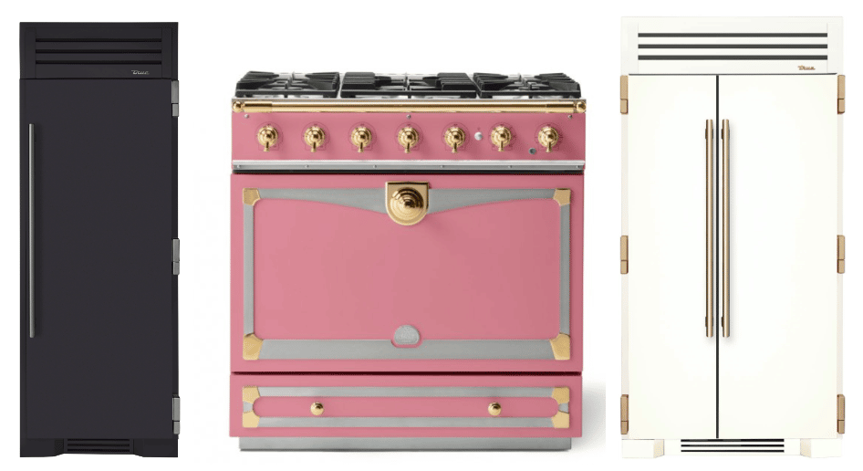 La Cornue’s CornuFe 90 36 Inch in Suzanne Kasler Liberte Pink With Polished Brass Dual Fuel Range - Refrigerator and SideBySide