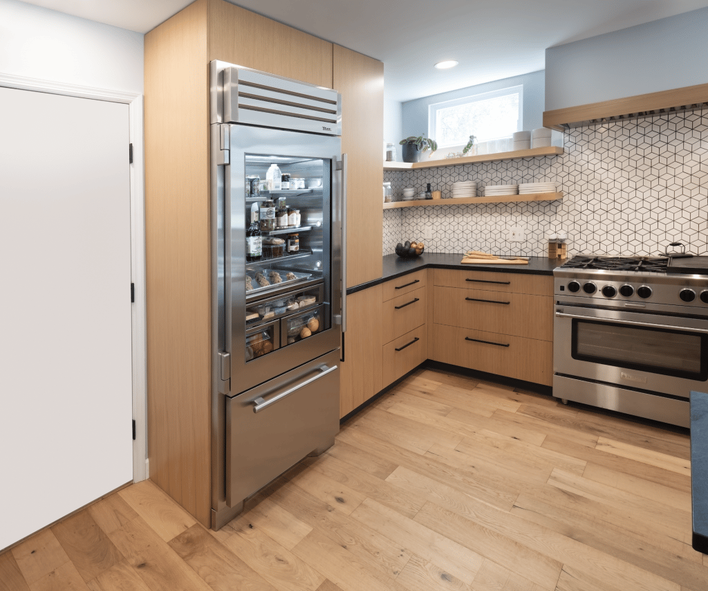 Refrigerator with Freezer Drawer - Warm toned wood Kitchen display
