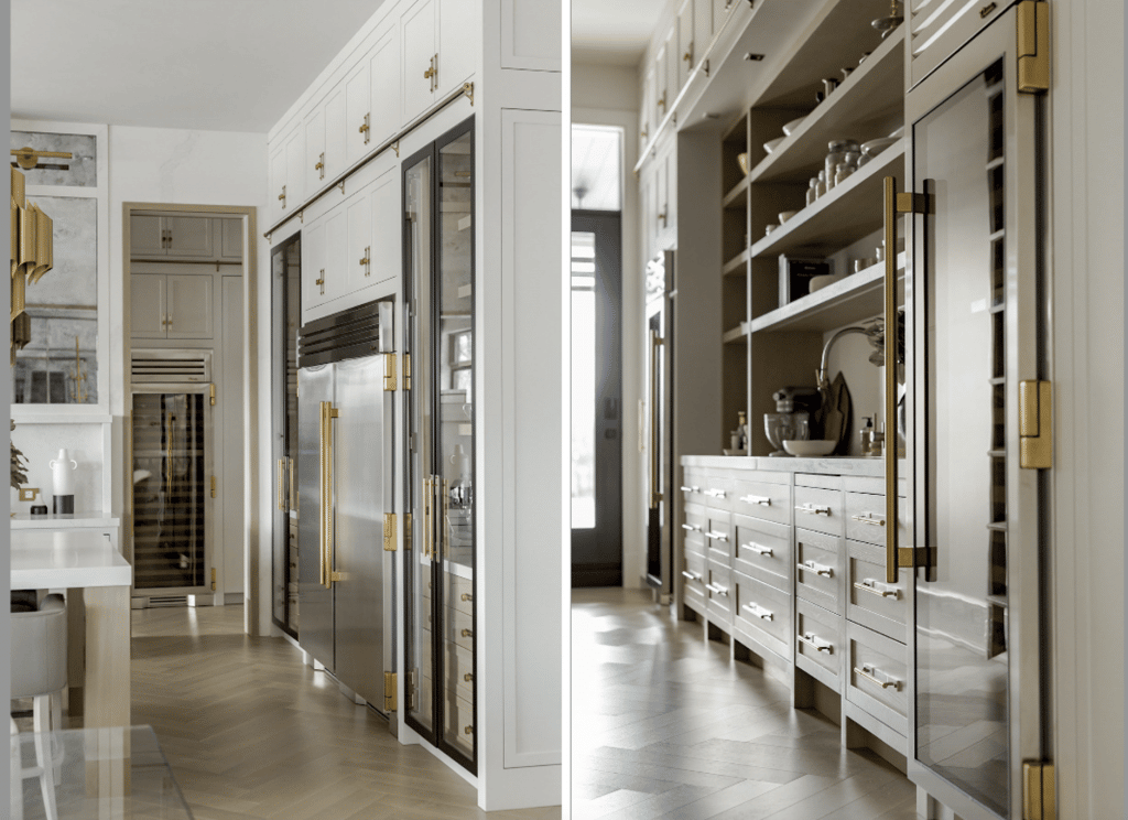 two 30” True Residential refrigeration units in stainless steel and brass framed by glass cabinets