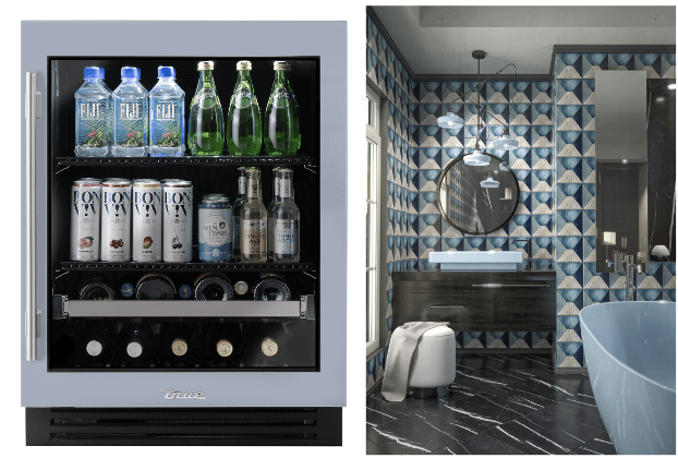 Artistic Tile’s Mano Pyramide Blue Field Tile - Undercounter Wine Cabinet - Beverage Refrigerator