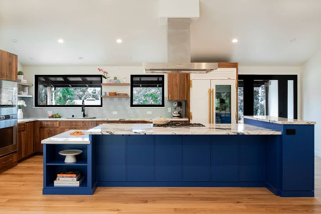 Warm Toned Kitchen and Blue Counters