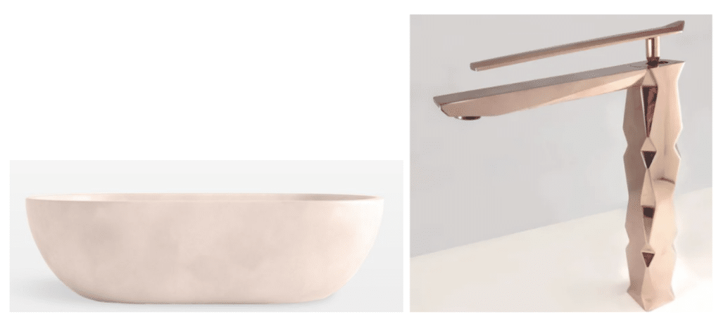Pink Concretti Design’s Maui Concrete Tub and Maestro Bath’s Ikon High Luxury Vessel Sink Bathroom Faucet