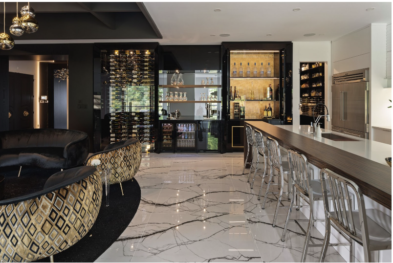 Channeling Cocktail Hour - White Marbles Flooring with Black Undercounter and Bar Shelving - Black Seating Area