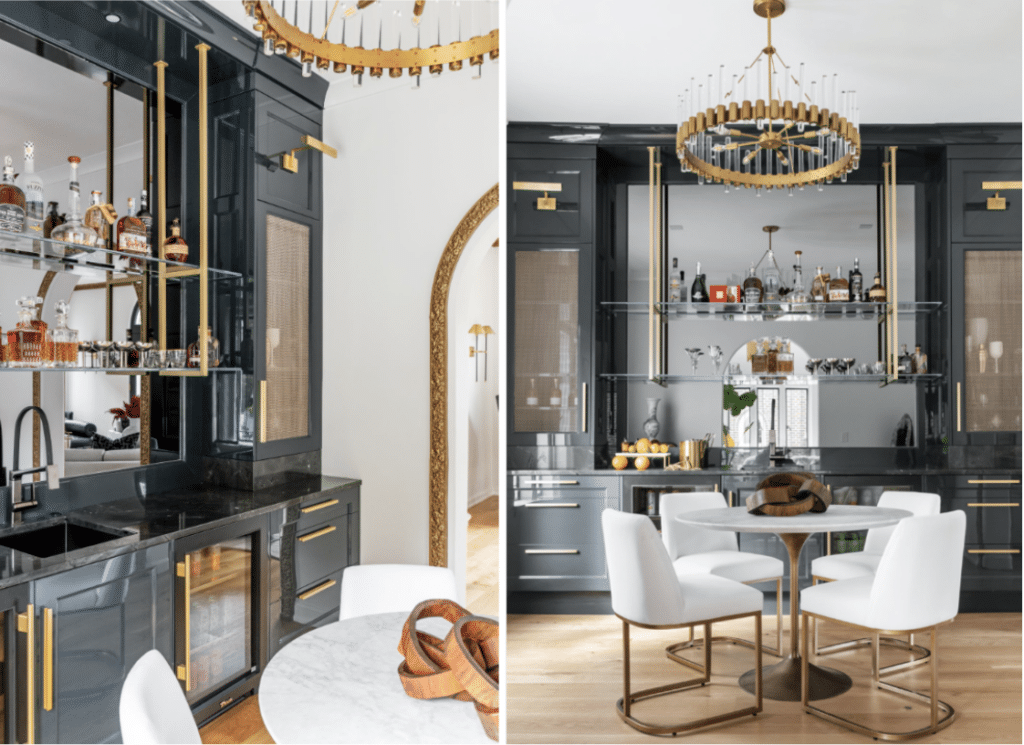 Channeling Cocktail Hour - Black Undercounter Refrigerator and Bar Shelving - Formal Small Dining Area