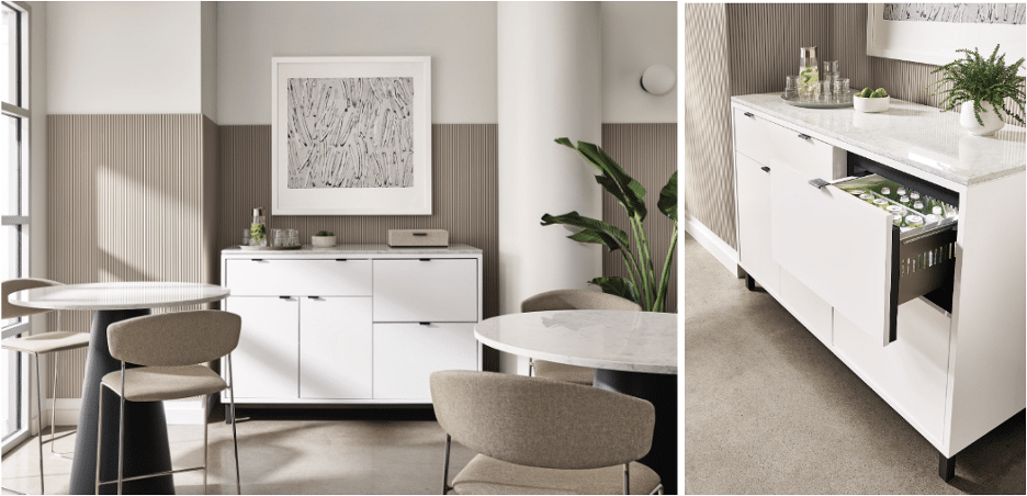 White and Beige Undercounter Drawer Refrigerator and Two Table Seating Areas