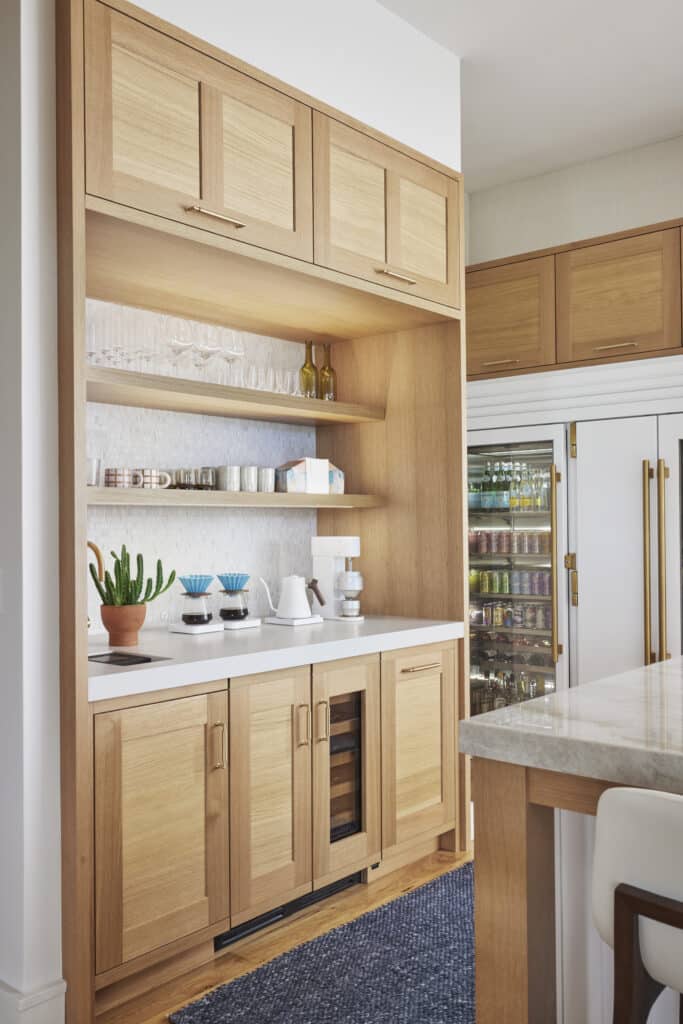 Light Brown Wood Cabinets - Corner Coffee Bar and Shelving - Airy Kitchen Display