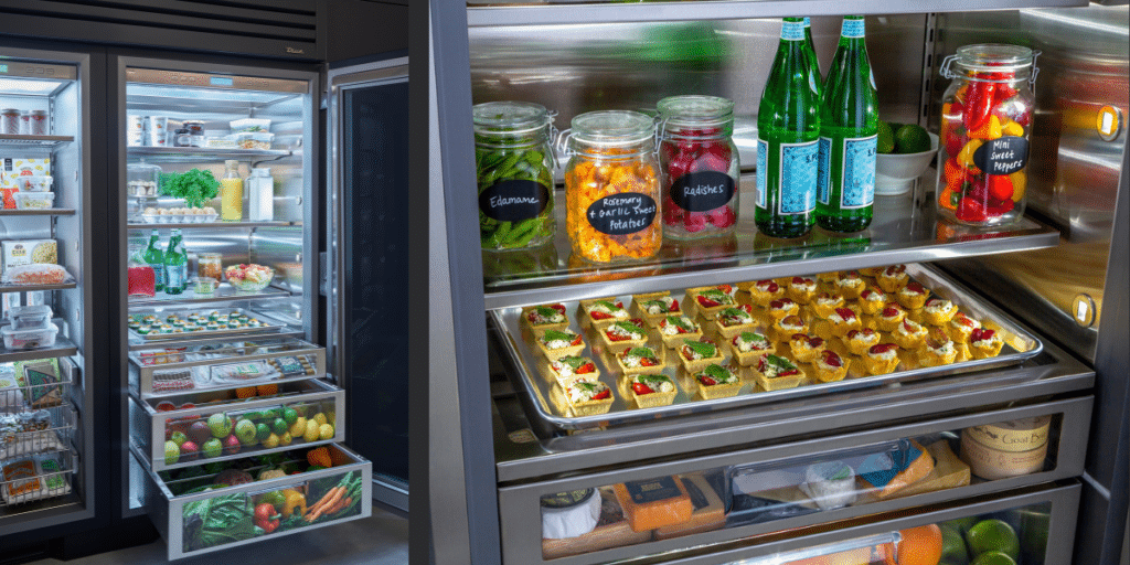 Assorted Snacks and Food Items in Organized Refrigerator Display