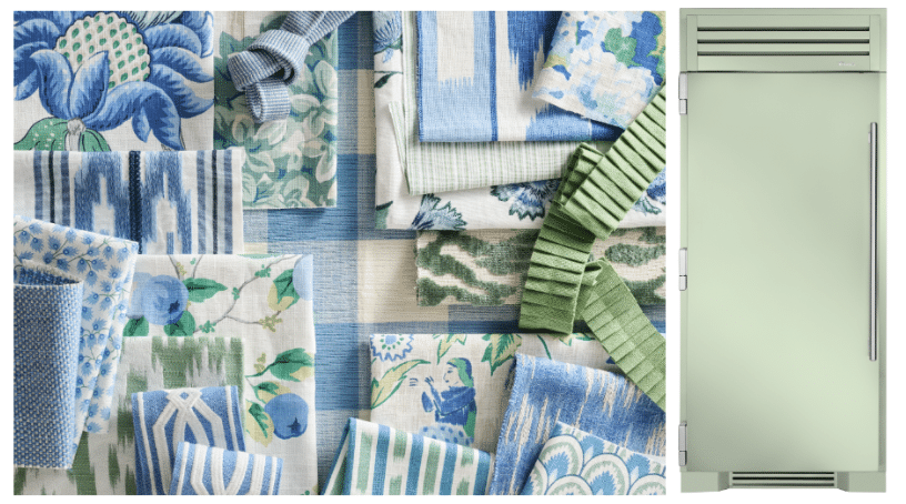 Sage Refrigerator with Assorted Scraps of Tablecloth/Fabric (Color Matched Sage and Blue)