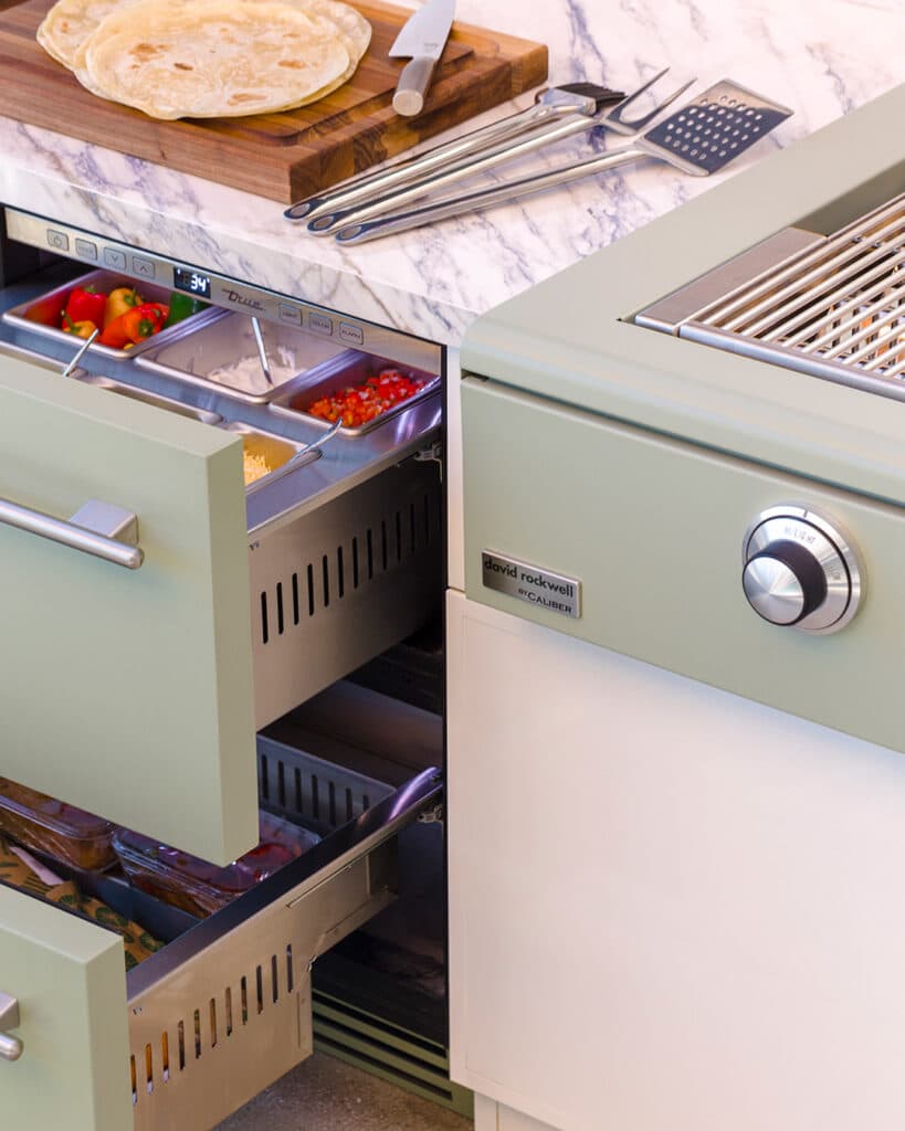 Undercounter Refrigerator Drawers and Caliber Rockwell Grill Sage Display