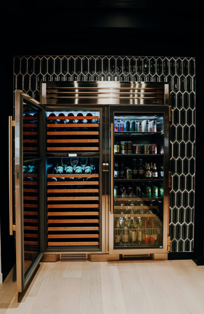 Dual Wine Zone Column and Beverage Column against Black Wall Tile Display